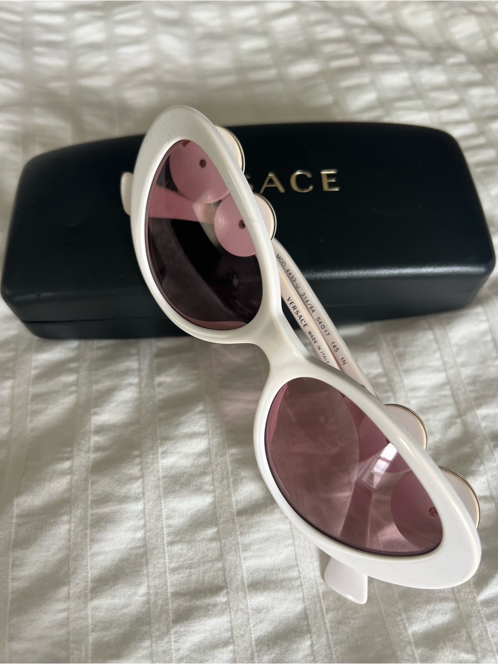 Versace White Frame Pink Lens Oval Sunglasses with Gold Accents